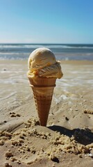 Vegan Mango Passionfruit Swirl Ice Cream on a Beach, Basking in Sunlight