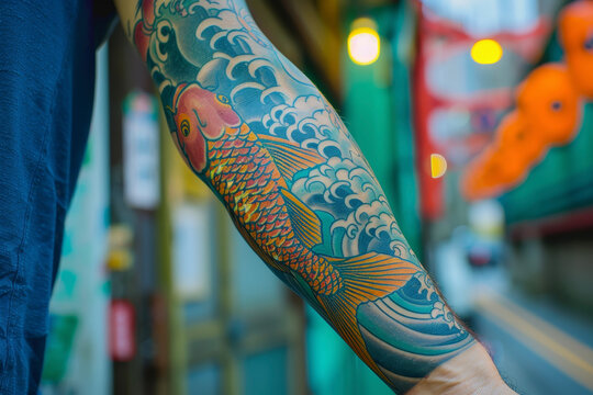 a fish tattoo on a man's arm