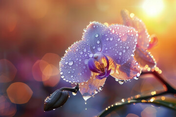 A dew-covered orchid at dawn, the first rays of sunlight kissing its petals. The photographer...