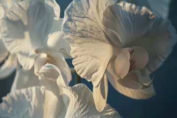 A detailed closeup of an orchid, its delicate petals capturing the play of light and shadow. The depth of field blurs the background, emphasizing the intricate textures
