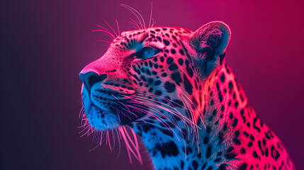 Template of a fierce leopard under colorful pink and blue neon light background.  generative ai 