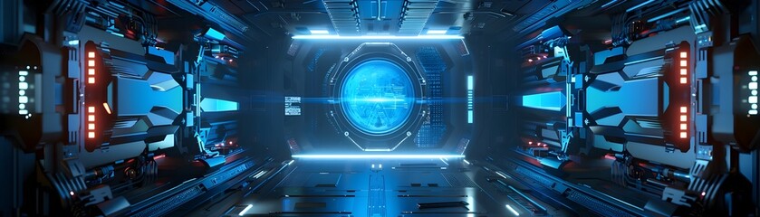 Obraz premium Futuristic Spaceship Holographic Interface: Intricate Sci-Fi Design and Blue Illumination