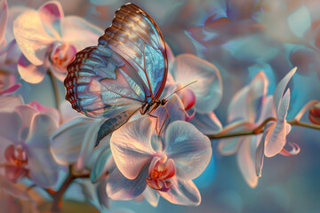 A butterfly perched on an orchid, its iridescent wings contrasting against the flowers soft hues