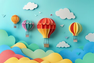 Obraz premium A representation of a hot air balloon festival with colorful balloons rising in a paper cut sky