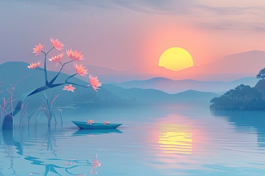 A depiction of a peaceful morning scene with a paper cut sun rising over a calm lake