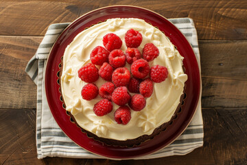 a benta cake with lemon frosting and raspberries on top