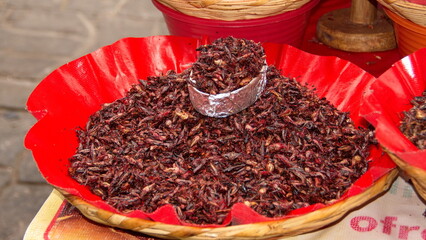 Basket of chili grasshoppers for sale in the market in Oaxaca, Mexico