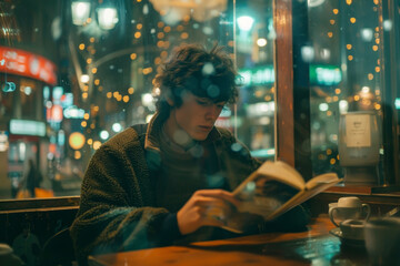 A 20-year-old man sitting in a bustling cafe, engrossed in a book. He's sipping a cup of coffee, his eyes reflecting the soft glow of the cafe lights. - Powered by Adobe