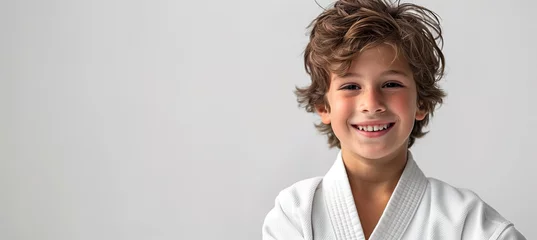 Poster Happy european boy at judo or karate training lesson with copy space © pijav4uk