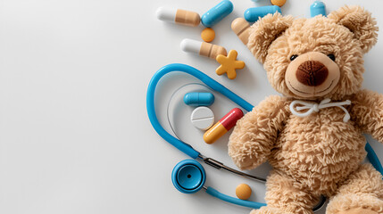 Teddy bear with toy stethoscope and wooden toy medicin. copy space. generative ai 