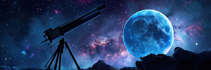 Telescope and celestial bodies like the moon, stars, and planets in night.