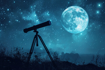 Telescope and celestial bodies like the moon, stars, and planets in night.