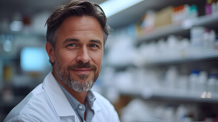 Close-up profile picture of a male pharmacist - pharmacy - medicine - filling subscriptions - smiling and confident   - obrazy, fototapety, plakaty