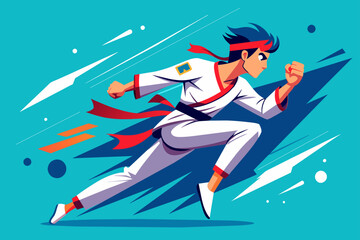 Background of a taekwondo match with two athletes in action.