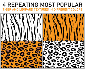 4 repeating most popular tiger and leopard textures in different colors. seamless pattern of animals in white black and yellow colors. print