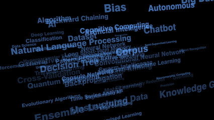 Ai algorithm artificial intelligence texts on black background with deep learning and machine learning
