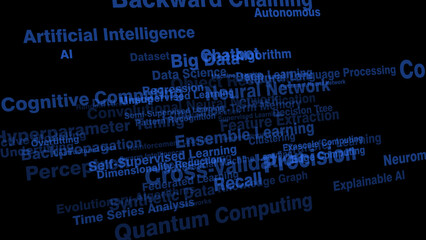 Deep learning artificial intelligence texts on black background with algorithmic bias, letters, and neural networks
