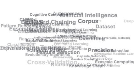 Ai lettering and algorithm on white background future of artificial intelligence technology and ethics