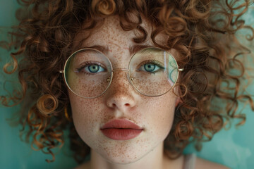 A portrait of a young girl with curly hair, freckles, and glasses