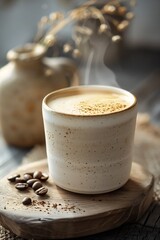 cup coffee wooden plate beans transparent creating soft frostbite holding live calm serene relaxed good drop linen