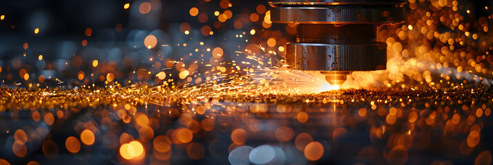  Sparks Flying While Machine Grinding and Finish,
Golden glitter background with light streams

