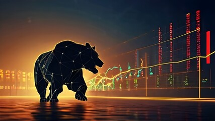 Silhouette bull against forex or commodity charts background. Stock crash market exchange loss trading. Market trend concept. Global economy crash or boom