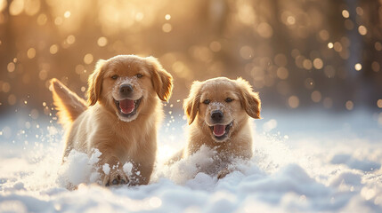Two golden retriever puppies running in the snow