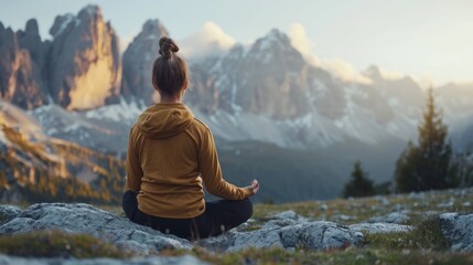 Woman make meditation, individual meditating in a serene mountain setting