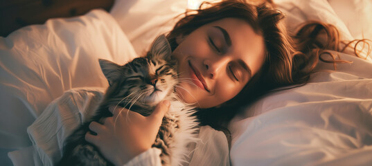 Beautiful woman cuddling fluffy cat on peaceful morning in cozy bed at home - obrazy, fototapety, plakaty