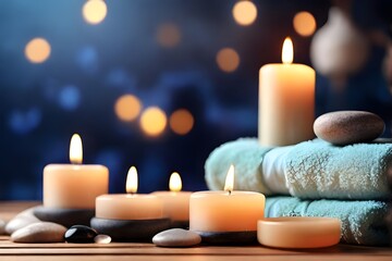 Obraz na płótnie Canvas Perfect banner for spa with stones and burning candles for hot massage. Spa and wellness concept. Dayspa nature products. Beauty spa treatment and relax concept.