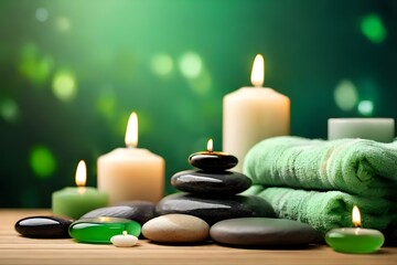 Obraz na płótnie Canvas Perfect banner for spa with stones for hot massage, towels, candles, aroma oil in neon background, copy space. Spa and Wellness concept. Dayspa nature products. Beauty spa treatment and relax concept.
