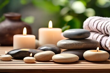 Obraz na płótnie Canvas Perfect banner for spa with stones and burning candles for hot massage. Spa and wellness concept. Dayspa nature products. Beauty spa treatment and relax concept.