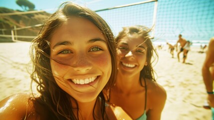 a funny woman with friend, vibrant beach scene with people playing beach volleyball in California...