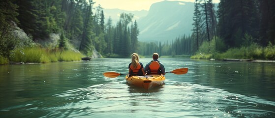 woman and man, couple kayaking on a serene lake - obrazy, fototapety, plakaty