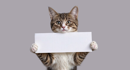A cat with brown stripes and white fur, holding a white empty blank sign banner board in its paws