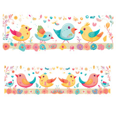 Cartoon colorful childish hand drawn birds borders set for baby girls and baby boys. Vector ornamental funny border design on white background. Isolated fun decorative design for babies cards, fabric