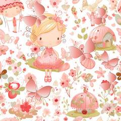Fantasy cute fun seamless pattern for baby girls. Vector beautiful colorful background in pink colors with flowers, dolly, butterflies. Repeat funny backdrop. Childish fabric pattern, wallpaper