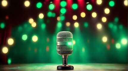 Vocal microphone in the bokeh background on a concert stage with spot lighting. Live music or podcast banner background with copy space. Retro microphone restaurant background