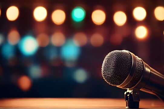  Closeup of professional microphone on bokeh background with copy space for banner, Podcast or recording studio. World Press Freedom Day May 3