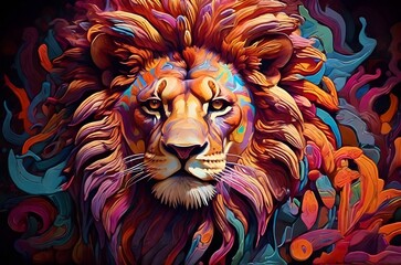 Closeup of psychedelic lion isolated on dark background for t shirt, sticker, logo, mug print. Cartoon character image. Surreal fantasy with ethereal visuals and whimsical color blends