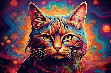 Closeup of psychedelic cat isolated on colorful background for t-shirt, sticker, logo, mug print. Cartoon character image. Surreal fantasy with ethereal visuals and whimsical color blends