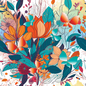 Drawing line art beautiful colorful exotic flowers seamless pattern. Romantic vector background. Hand drawn paint blossom flowers, leaves, butterflies, doodles artistic ornaments. Endless texture
