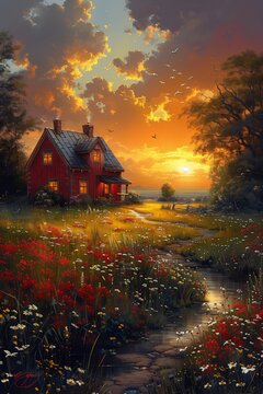 red house field flowers stream running gorgeous romantic sunset simple gable roofs wow sun amazing sunrise evening