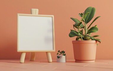 Blank whiteboard sign frame photo with flower in a pot on bright pastel background. Copy space.