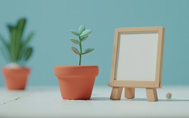 Blank whiteboard sign frame photo with flower in a pot on bright pastel background. Copy space.