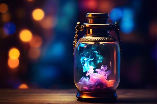 Colourful magic smoke coming out of the glass lantern isolated on bokeh neon background with copy space. Lamp of wishes. Depict mystery or magic