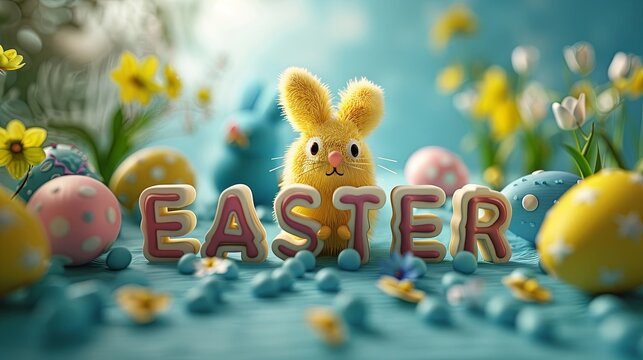 Text "EASTER" with easter eggs and bunny cartoon. Easter day. Copy space.