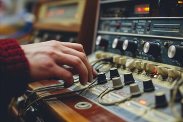 A person adjusting the knobs on an analog radio.