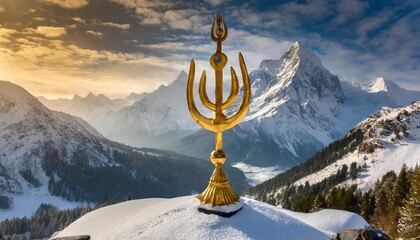 Golden trident symbol of god shiva against a of snowy mountains. - obrazy, fototapety, plakaty