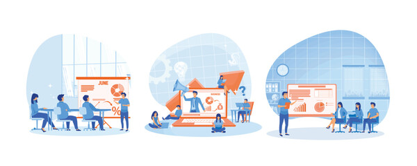 Business education and coaching. Of young people sitting on big laptop and attending public conference. Business seminar man speaker doing presentation and professional training about marketing. 